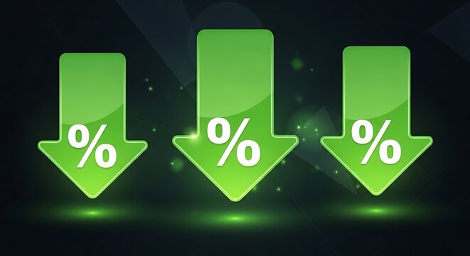Green arrows with percentage signs pointing down, symbolizing price reduction or economic decline