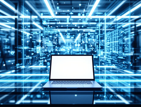 Data's Gateway: The sleek laptop, an emblem of digital age, glows at the intersection of a complex data matrix, representing information flow and technological innovation.