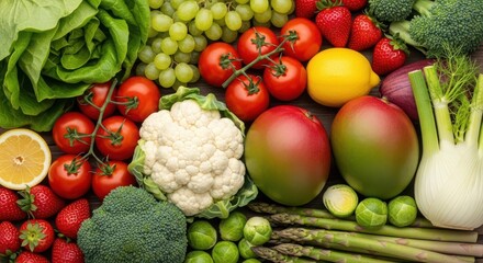 A vibrant overhead view of a colorful assortment of fresh fruits and vegetables, including tomatoes, mangoes, strawberries, and broccoli