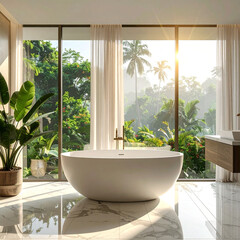 Fototapeta premium Serene bathtub relaxation indoor oasis interior design bright natural light neutral tone ambiance
