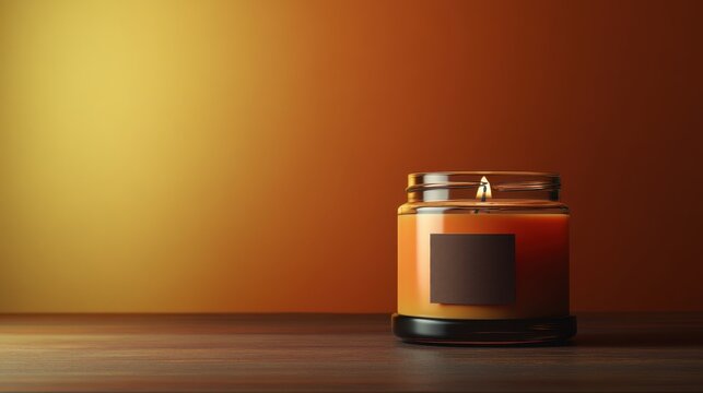 Lit candle in a glass jar with a dark label on a wooden surface - Powered by Adobe