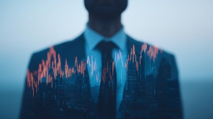 A business professional stands against a city skyline, overlaid with financial data trends, symbolizing the intersection of finance and urban life.
