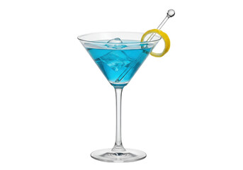 Isolated blue Martini cocktail in crystal glass, alcoholic drink with lemon peel twist decoration