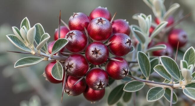 Close-up of red berries cluster on a shrub branch with green leaves - Powered by Adobe