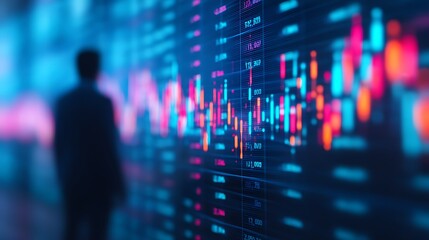 A blurred figure stands before a colorful financial market display, showcasing fluctuating stock prices and data trends.