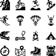 A collection of black and white icons representing various outdoor adventure sports, camping, and hiking activities.
