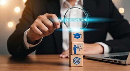 A person using a magnifying glass to explore education concepts