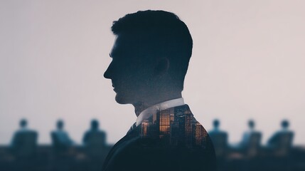 A silhouette of a man with a cityscape overlay, symbolizing the blend of personal ambition and urban business environments.