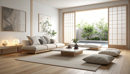 Fototapeta premium Zen minimalist japandi living room design tranquil indoor space nature-inspired bright and airy environment