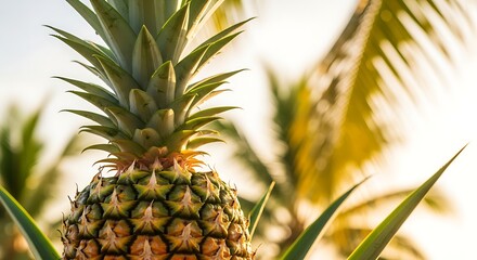 Fresh pineapple with soft sunlight in tropical setting, high-detail texture, vibrant fruit imagery for summer, wellness, and commercial product branding.