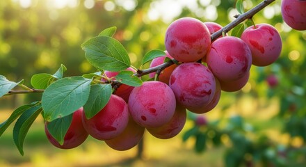 Ripe red plums on tree branch in sunlit orchard with green leaves