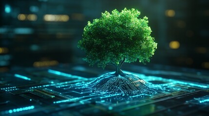 A green tree with digital roots against a technological background symbolises the harmony between nature and innovation, ideal for IT conferences or environmental projects.
