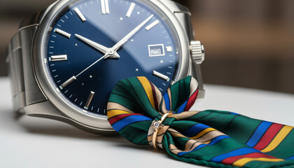 Close-up of luxury wristwatch beside a diamond ring tied with colorful striped fabric, symbolizing elegance, precision, and modern lifestyle in premium product photography.