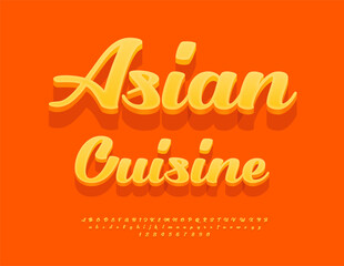 Vector elegant sign Asian Cuisine. Beautiful 3D Font. Yellow artistic Alphabet Letters and Numbers set