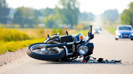 Motorcycle crash on rural road, fallen bike with debris, damaged headlight on asphalt, traffic accident aftermath, road safety awareness, caution for drivers, high-speed travel hazard, risk