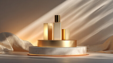 Luxurious cosmetic bottles on minimal podium with golden light create elegant and sophisticated atmosphere