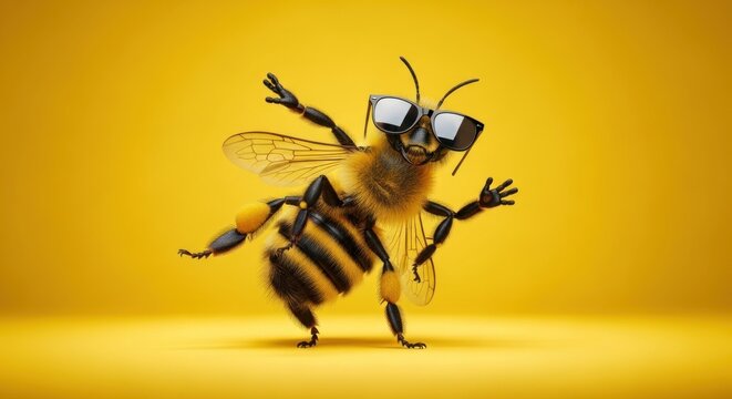 A funny honey bee wear sunglasses isolated on yellow background