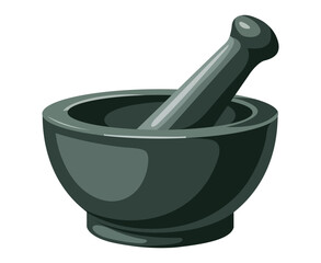 A dark gray stone mortar and pestle resting on a white background