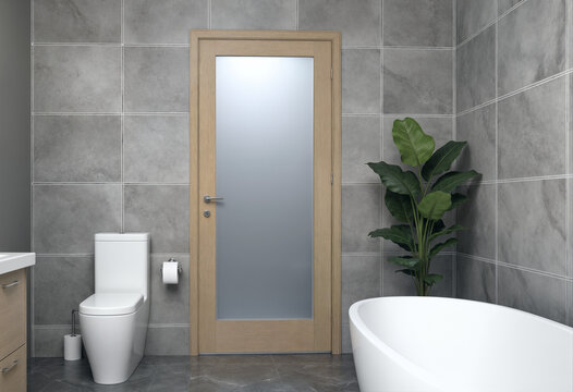 Wooden full lite door in bathroom