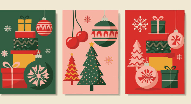 Set of three vertical vector Christmas greeting card templates featuring flat, vintage-inspired design elements like stacked gifts, Christmas trees, ornaments, and cherries in red, pink, and green col