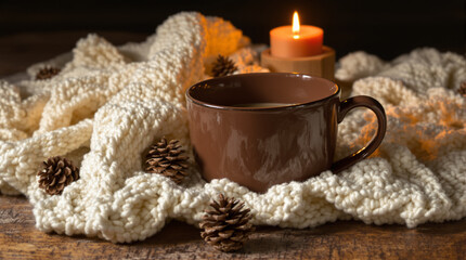 Cozy Autumn Atmosphere Coffee Mug, Knitted Scarf, Candle, and Pine Cones for Warmth and Comfort