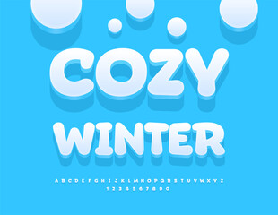 Vector Seasonal concept Cozy Winter. Snowy White Font. Cute set of Alphabet Letters and Numbers set.