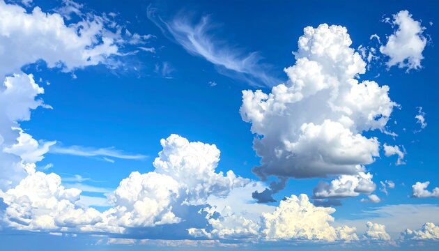 Vast blue sky filled with fluffy white cumulus clouds of varying sizes and shapes, a serene and atmospheric scene