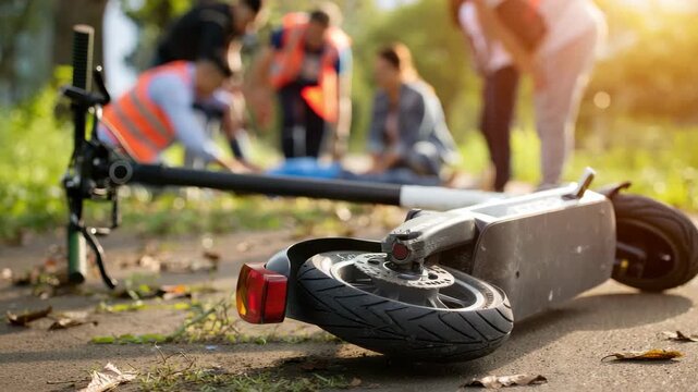 Electric scooter crash on park pathway, fallen e-mobility device foreground, bystanders giving first aid, accident response, road safety, emergency scene outdoors, blurred rescuers background
