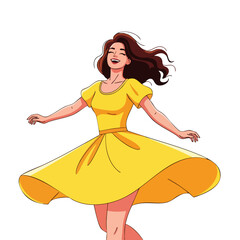 Joyful Woman in Yellow Dress Twirling with Happiness.