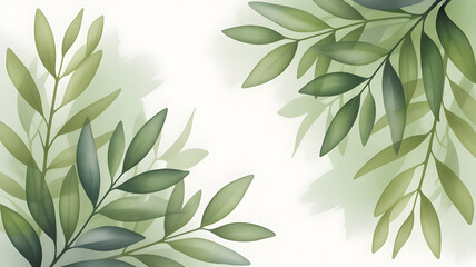 Green leaves illustration with subtle watercolor background effect creating a natural organic border design