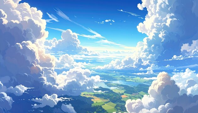 Vast blue sky, puffy clouds framing rolling green hills and a winding river, evokes serenity and wonder
