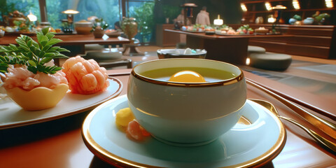 Soft green tea custard with egg yolk garnish, porcelain cup on saucer beside sculpted mochi and succulent in kaiseki dessert setting