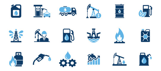 Oil and gas industry icons, fuel production, transport, and energy resources set