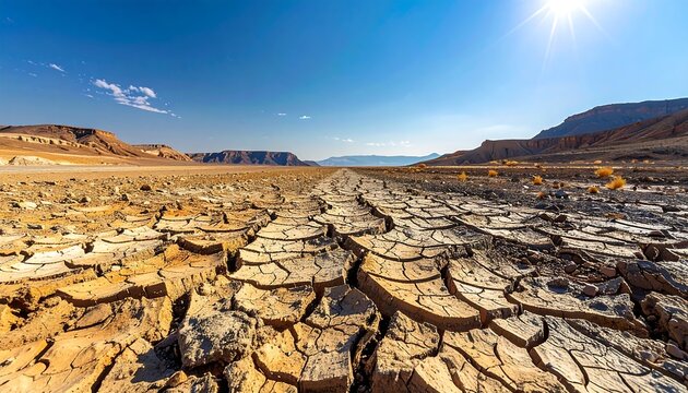 Vast, arid landscape with a cracked earth foreground, under a scorching sun and clear blue sky, distant mountains - Powered by Adobe