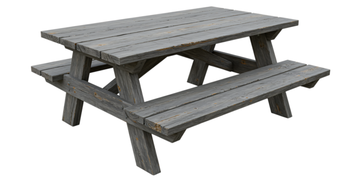 a rustic wooden picnic table with benches on transparent background