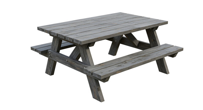 a rustic wooden picnic table with benches on transparent background