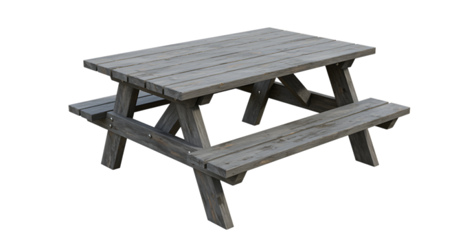 a rustic wooden picnic table with benches on transparent background