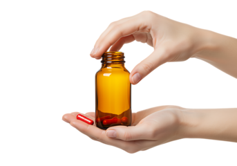 hand holding small bottle with orange liquid on transparent background