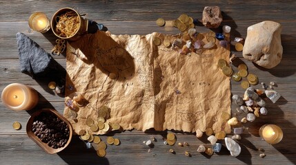 Pirate map surrounded by scattered gold coins and jewels, vintage wooden table, candlelight shadows, cinematic pirate treasure vibe