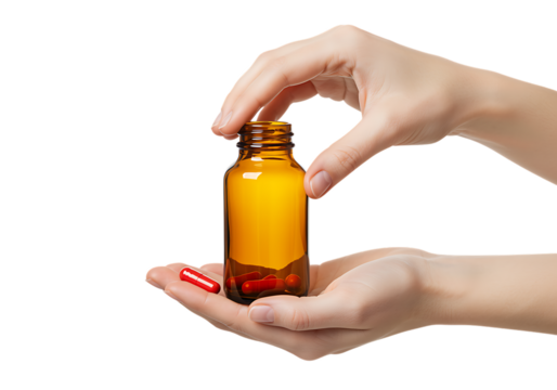 hand holding small bottle with orange liquid on transparent background