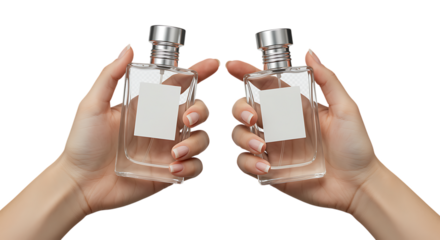 hands holding two perfume bottles with blank labels on transparent background