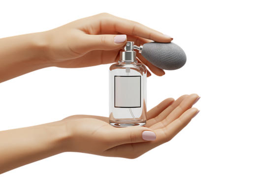 hands holding elegant glass perfume bottle on transparent background