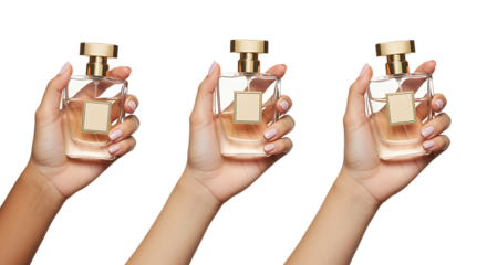 three hands holding elegant perfume bottles on transparent background