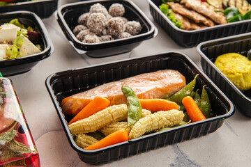 Grilled salmon fillet with baby corn, carrots, and peas in a black container for healthy food delivery