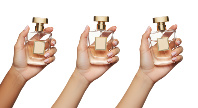 three hands holding elegant perfume bottles on transparent background
