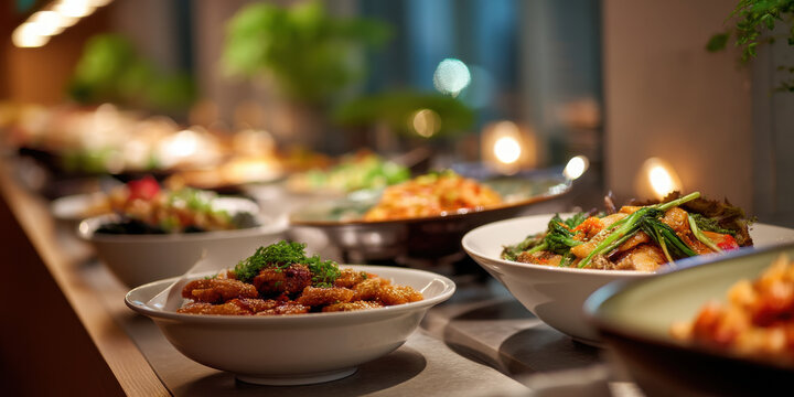 Buffet dinner Asian dishes modern fine dining warm lighting appetizing variety
