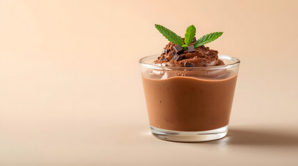 Chocolate mousse dessert with mint and chocolate ice cream in a glass cup on white background