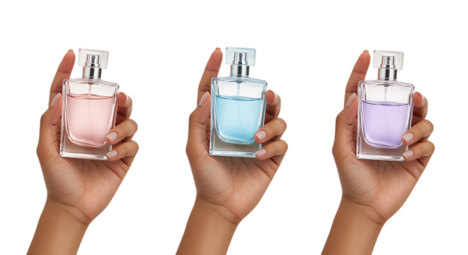 three hands holding colorful perfume bottles on transparent background