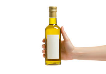 hand holding bottle with blank label on transparent background