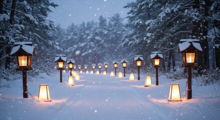 Snowy path illuminated by lanterns through a winter forest wonderland scene